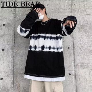 TIDE BEAR เสื้อกันหนาวผู้ชาย อเมริกันเรโทรถนน สีเข้มฮิปฮอปหลวมสีดำและสีขาวผูกย้อมคู่แขนยาวด้านบน