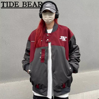 TIDE BEAR เสื้อผู้ชาย อเมริกันเรโทรถนน สไตล์คู่ง่ายตรงขาทึบสีเย็บกระดุมเดียวรถจักรยานยนต์สไตล์ยืนขึ้นคอแขนยาว