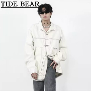 TIDE BEAR เสื้อผู้ชาย อเมริกันเรโทรถนน ปุ่มโลหะระดับไฮเอนด์สีทึบลำลปุ่มโลหะระดับไฮเอนด์สีทึบลำลองยีนส์องยีนส์