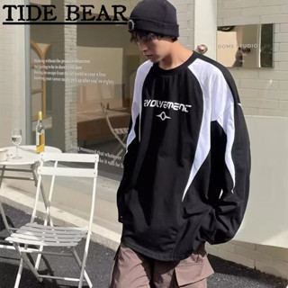 TIDE BEAR เสื้อกันหนาวผู้ชาย อเมริกันเรโทรถนน จดหมายระดับไฮเอนด์พิมพ์สีจับคู่หลวมรอบคอด้านบน