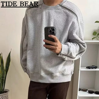 TIDE BEAR เสื้อกันหนาวผู้ชาย เกาหลีย้อนยุคสบายๆ ความรู้สึกระดับไฮเอนด์ของสีทึบเก่าคู่ซิปรอบคอ