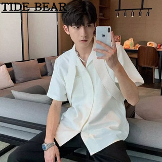 TIDE BEAR เสื้อผู้ชาย เกาหลีย้อนยุคแขนสั้นลำลอง สีทึบง่ายไหล่แผ่นแฟชั่นคู่ห้าจุดแขนเสื้อ