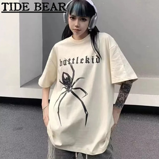 TIDE BEAR เสื้อยืดผู้ชาย อเมริกันย้อนยุคถนนแขนสั้น แฟชั่นระดับไฮเอนด์แมงมุมพิมพ์รอบคอด้านบน