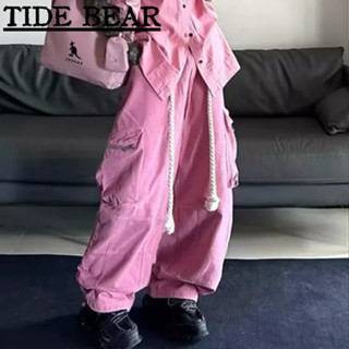 TIDE BEAR กางเกงผู้ชาย อเมริกันย้อนยุคถนนสูง สีชมพูฤดูร้อนลำลองสวมฮิปฮอปสีตรงขากว้าง