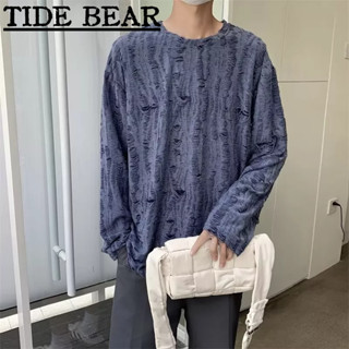 TIDE BEAR เสื้อยืดผู้ชาย เกาหลีย้อนยุคสบายๆ ฮิปฮอปหลุมสีทึบแฟชั่นรอบคอแขนยาว