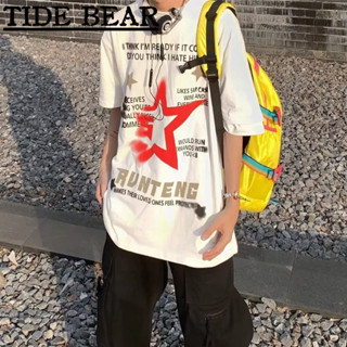 TIDE BEAR เสื้อยืดผู้ชาย อเมริกันย้อนยุคถนนแขนสั้น จดหมายดาวพิมพ์ฮิปฮอปแฟชั่นหลวมด้านบน