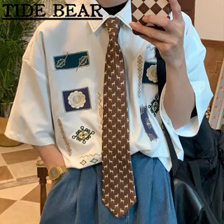 TIDE BEAR เสื้อผู้ชาย เกาหลีแขนสั้นลำลอง ญี่ปุ่นย้อนยุคเย็บปักถักร้อยสไตล์วิทยาลัยคู่เสื้อระดับไฮเอนด์