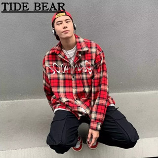 TIDE BEAR เสื้อผู้ชาย อเมริกันย้อนยุคถนนแขนยาว สีแดงตาหมากรุกพิมพ์สูงแฟชั่นชั้นนำ