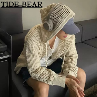 TIDE BEAR เสื้อถักผู้ชาย เกาหลีย้อนยุคสบายๆ ซุปเปอร์ไฟรู้สึกหมวกขาวระบายซิปกลวงคาร์แฟชั่นด้านบน