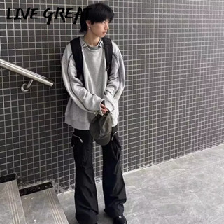 LIVE GREAT เสื้อสเวตเตอร์ผู้ชาย เทรนด์ใหม่ แฟชั่น ดีไซน์เฉพาะ เสื้อท่อนล่าง ลำลอง ทรงหลวม คอกลม แมทช์ได้ทั้งหมด สเวตเตอร์เก่าซักแล้ว