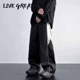 LIVE GREAT กางเกงผู้ชายเทรนด์ใหม่ความรู้สึกการออกแบบที่หลวมของกางเกงตรงแบบรูดเชือกชุดหลวมขากว้างย้อนยุคแบบอเมริกัน