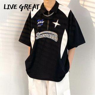 LIVE GREAT เสื้อโปโลผู้ชายฤดูร้อนสไตล์ฮาราจูกุอินเทรนด์ไฮสตรีทฮิปฮอปลำลองแขนห้าส่วน