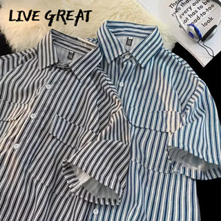 LIVE GREAT เสื้อเชิ้ตผู้ชายแขนสั้นลายทางญี่ปุ่น, เสื้อเชิ้ตแขนสั้นห้าส่วน, ย้อนยุคลำลองคุณภาพสูงวินเทจปก