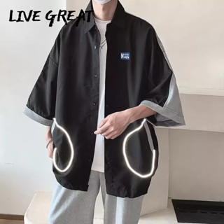 LIVE GREAT เสื้อเชิ้ตผู้ชายฤดูร้อนแนวโน้มแฟชั่นใหม่เฉพาะการออกแบบความรู้สึกแขนสั้นหลวมสบาย ๆ เสื้อเชิ้ตปกทุกการแข่งขัน