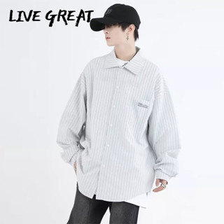 LIVE GREAT เสื้อเชิ้ตผู้ชาย แขนยาว แถบแนวตั้งพื้นฐาน