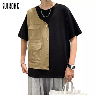 Suikone   ผู้ชายใหม่แฟชั่นญี่ปุ่นคอกลมเสื้อยืดแขนสั้นสไตล์ฮ่องกงปลอมเสื้อยืดสองชิ้น