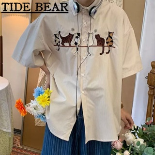 TIDE BEAR เสื้อผู้ชาย เย็บปักถักร้อยแมวเกาหลีย้อนยุคคู่แขนสั้น