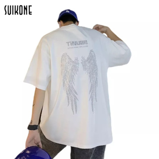 Suikone   เสื้อยืดผู้ชายแขนสั้นสไตล์ฮิปฮอปยุโรปและอเมริกาปีกร้อนเพชรเสื้อยืดหลวมคอกลมแขนสั้นด้านบนชายและหญิงสามารถสวมใส่