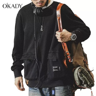 OKADY เสื้อสเวตเตอร์คอกลมสีดำ เสื้อแจ็คเก็ตแฟชั่นทรงหลวมพลัสไซส์สําหรับผู้ชาย