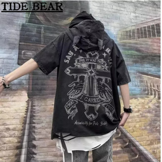 TIDE BEAR เสื้อยืดคอกลมผู้ชาย อเมริกันเรโทรถนน หลุมถนนสูงล้างและสวมใส่หนักแฟชั่นครึ่งแขน