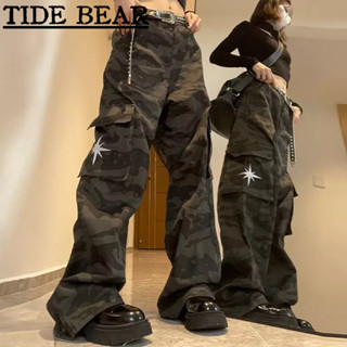 TIDE BEAR กางเกงผู้ชาย อเมริกันเรโทรถนน ชุดคู่พรางดาวพิมพ์หลวมฮิปฮอปกางเกงขากว้าง