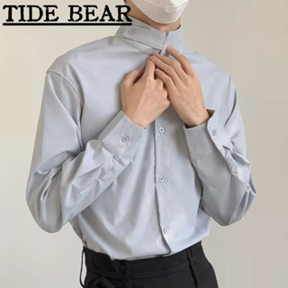 TIDE BEAR เสื้อผู้ชาย เวอร์ชั่นเกาหลีของย้อนยุคลำลองแขนยาว สีฟ้ายืนขึ้นคอปุ่มแฟชั่นสูงด้านบน