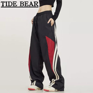 TIDE BEAR กางเกงผู้ชาย อเมริกันเรโทรถนน คู่ฮิปฮอปด้านหลวมขากว้างลายกางเกงวอร์ม