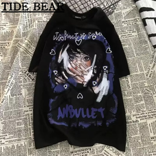 TIDE BEAR เสื้อยืดผู้ชาย อเมริกันย้อนยุคถนนแขนสั้น การ์ตูนอะนิเมะรอบคอพิมพ์แฟชั่นบน