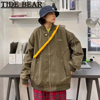 TIDE BEAR เสื้อผู้ชาย เวอร์ชั่นเกาหลีย้อนยุคลำลองบางส่วน เย็บปักถักร้อยปุ่มคู่ พรีเมี่ยมถนนบินเบสบอลแจ็คเก็ต