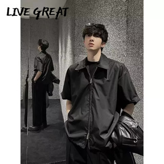 LIVE GREAT ผู้ชายเสื้อช่องซิปคู่อเมริกันย้อนยุคฤดูร้อนคู่แขนสั้น