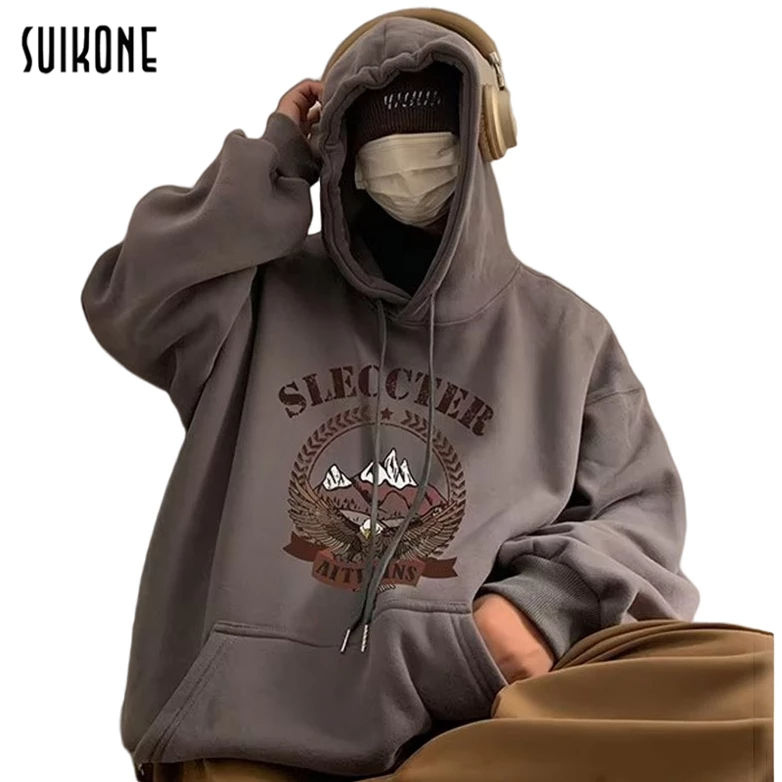 Suikone เสื้อกันหนาวมีฮู้ดแขนยาวผู้ชาย American Retro Snow Mountain พิมพ์ฤดูใบไม้ร่วงและฤดูหนาวพร้อมเสื้อกันหนาวมีฮู้ดทรงหลวมทั้งชายและหญิงสามารถสวมใส่ได้