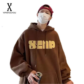 YIPINYOUYOU ผู้ชายเสื้อยืดขนาดใหญ่จดหมายพิมพ์ Hoodies สไตล์เกาหลี Drawstring เสื้อสวมหัวที่อบอุ่นหลวมท็อปส์เสื้อ