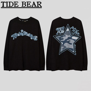 TIDE BEAR เสื้อกันหนาวผู้ชาย อเมริกันเรโทรถนน พิมพ์ดาวสีขาวรอบคอสไตล์คู่ เสื้อลำลองจดหมายจุดต่ำสุดแขนยาว