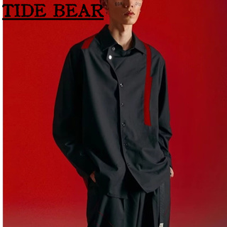 TIDE BEAR เสื้อผู้ชาย อเมริกันเรโทรถนน ความรู้สึกระดับไฮเอนด์ของสีทึบ,คอไม่สม่ำเสมอ,แขนยาวที่เรียบง่าย