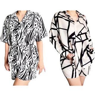 ชุดเซ็ทสไตล์เกาหลี 2 ชิ้น (เสื้อ+กางเกงบานทรงเอขาสั้น) ผ้าลื่น ใส่สบาย