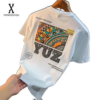 YIPINYOUYOU   ผู้ชายใหม่สไตล์ญี่ปุ่นฮาราจูกุแฟชั่นพิมพ์เสื้อยืดแขนสั้นเมืองสไตล์อเมริกันรอบคอเสื้อยืด