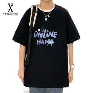 YIPINYOUYOU  2023 เสื้อยืดผู้ชายสไตล์ฮ่องกงใหม่แขนสั้นหลวมรอบคอพิมพ์ตัวอักษรเสื้อยืด