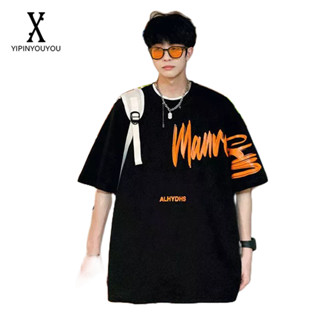 YIPINYOUYOU  ผู้ชายสไตล์อเมริกันใหม่ผ้าฝ้ายหลวมเสื้อยืดแขนสั้นแฟชั่นเสื้อยืดพิมพ์จดหมายยอดนิยม