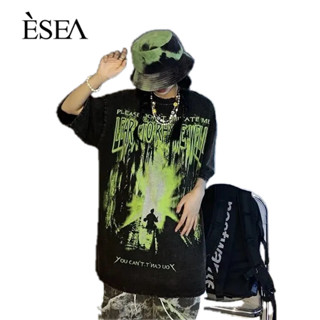 ESEA เสื้อยืดแขนสั้นผู้ชายผ้าฝ้าย 100% สไตล์อเมริกันไฮสตรีทอินเทรนด์แบรนด์หลวมคู่ยาวปานกลาง