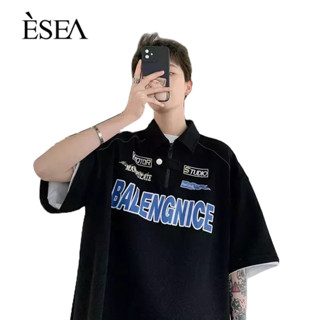 ESEA เสื้อแขนสั้นผู้ชายพิมพ์ใหม่ยอดนิยม 2023 สไตล์ญี่ปุ่นและเกาหลีหลวม INS สไตล์เสื้อโปโลลําลองสตรีทย้อนยุคแขนสั้นของผู้ชาย