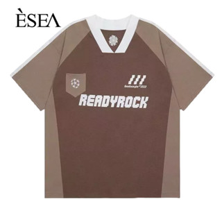 ESEA เสื้อยืดผู้ชายผ้าฝ้ายแท้คุณภาพสูงการพิมพ์แฟชั่นเสื้อยืดผู้ชายประกบสีตัดกันแขนสั้นอินเทรนด์