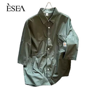 ESEA เสื้อเชิ้ตผู้ชายวินเทจยุโรปและอเมริกาสีทึบยอดนิยมฤดูร้อนลําลองเสื้อเชิ้ตแขนสั้นผู้ชาย