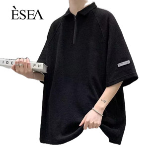 ESEA เสื้อยืดผู้ชายแฟชั่นหลวมสบาย ๆ เสื้อยืดผู้ชายเทรนด์ใหม่เสื้อโปโลปกวาฟเฟิล