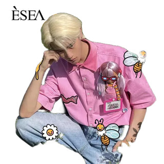 ESEA เสื้อผู้ชายเฉพาะความคมชัดสีคู่ลำลองเสื้อใหม่สีชมพูการ์ตูนหลวมสั้น-แขน