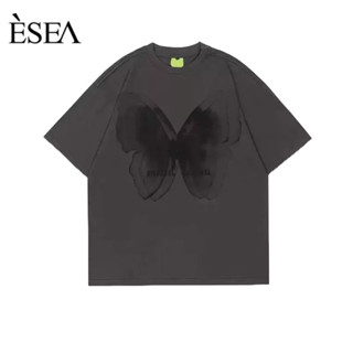 ESEA เสื้อยืดผู้ชายสไตล์อเมริกันไฮสตรีทพิมพ์เสื้อยืดผู้ชายคอกลมแฟชั่นเทรนด์แขนสั้นหลวม