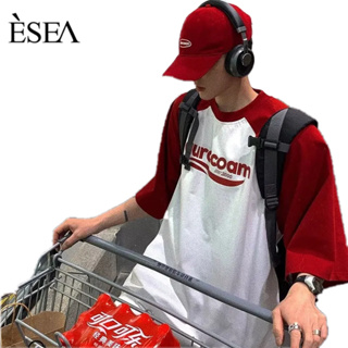 ESEA เสื้อยืดผู้ชายเทรนด์ลำลองหลวมคอกลมเสื้อยืดผู้ชายย้อนยุคเย็บสีแดงและสีขาวแขนสั้นหลวม