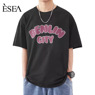 ESEA เสื้อยืดผู้ชายลำลองผ้าฝ้ายพิมพ์ลายคู่รักแขนสั้นคอกลมอินเทรนด์หลวมแขนสั้น