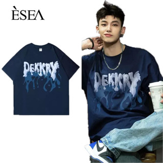 ESEA เสื้อยืดผู้ชายพิมพ์ลายตัวอักษรคู่หลวมเสื้อยืดผู้ชายผ้าฝ้ายฮิปฮอปเทรนด์อินกราฟฟิตีแขนสั้นผู้ชาย