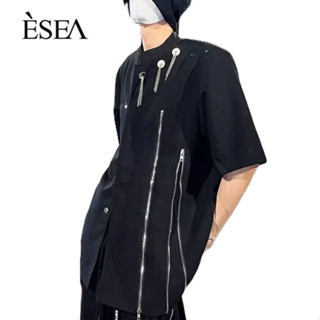 ESEA เสื้อเชิ้ตผู้ชายเทรนด์สีทึบวรรณกรรม ins เสื้อเชิ้ตผู้ชายหลวมใหม่ยอดนิยมแขนสั้น