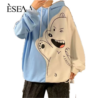 ESEA ผู้ชายเสื้อกันหนาวหมวกแจ็คเก็ตเสื้อยืดขนาดใหญ่เกาหลีเสื้อกันหนาวเสื้อสวมหัวแฟชั่น U Nisex หลวมพิมพ์แขนยาว